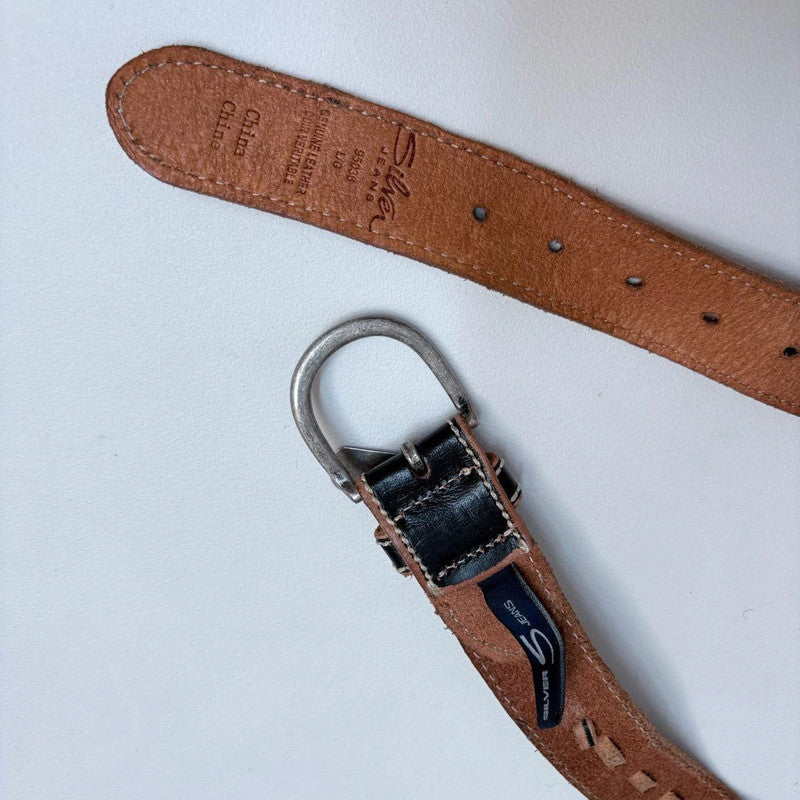 Studded leather black & tan stitch belt