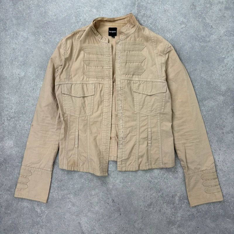 tan fitted panelled military jacket