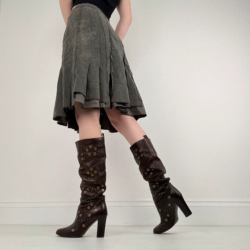 khaki pleated flared utility skirt
