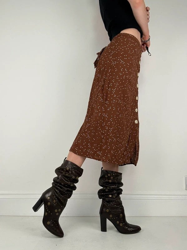 Brown polkadot button Rouje midi skirt
