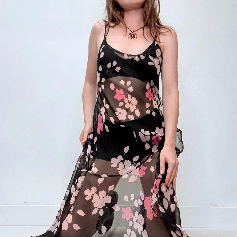 sheer black asymmetrical ruffle dress