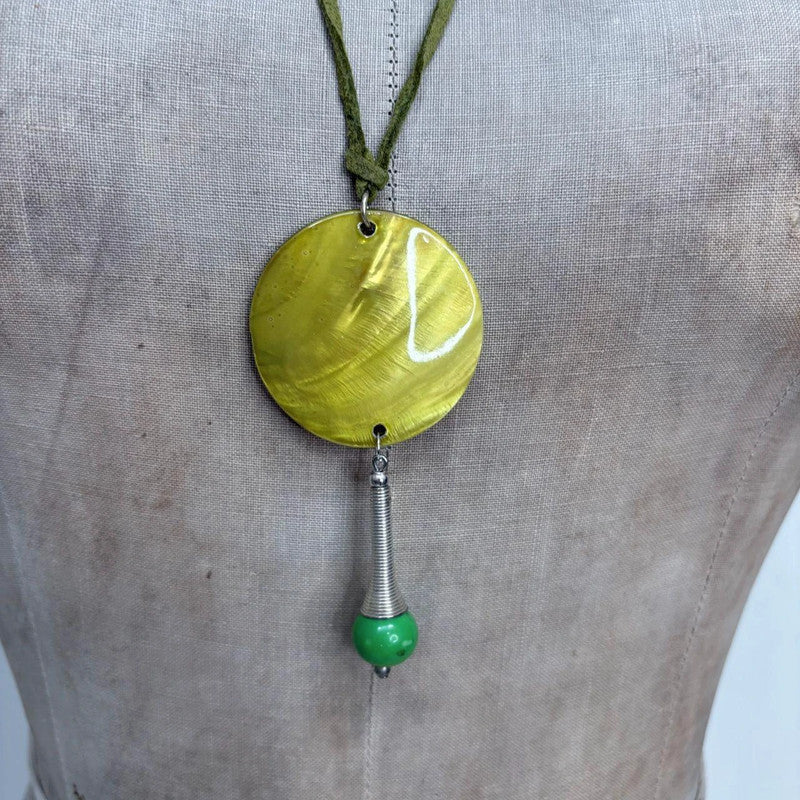 green boho long shell necklace