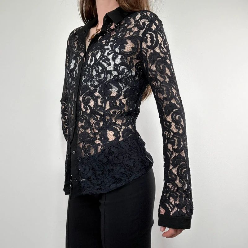 sheer navy lace fitted shirt