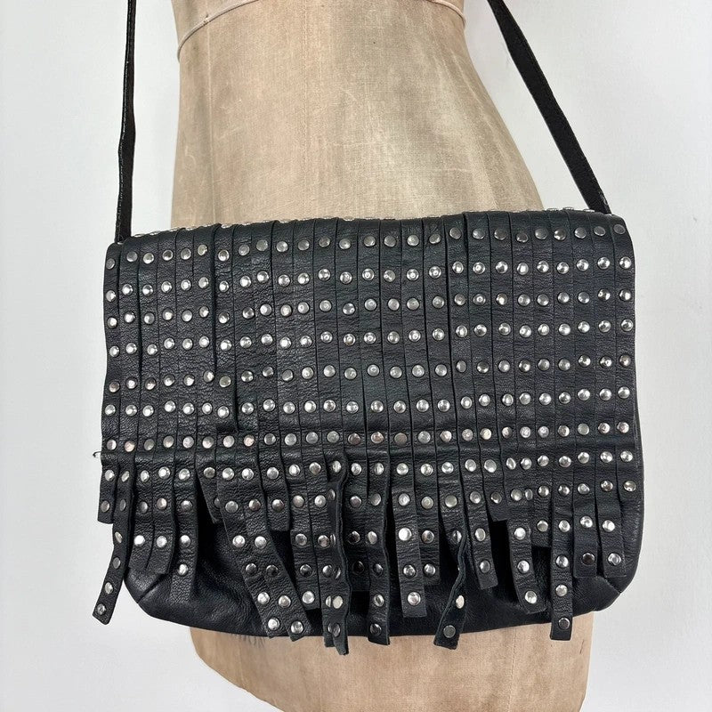 Black leather studded tassel crossbody bag