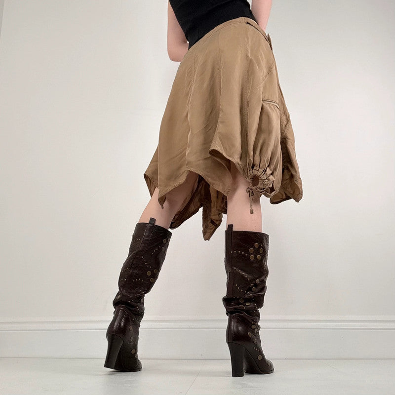 tan asymmetric drop waist utility skirt