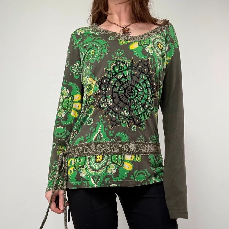 Khaki Paisley Boho Long Sleeve T-Shirt