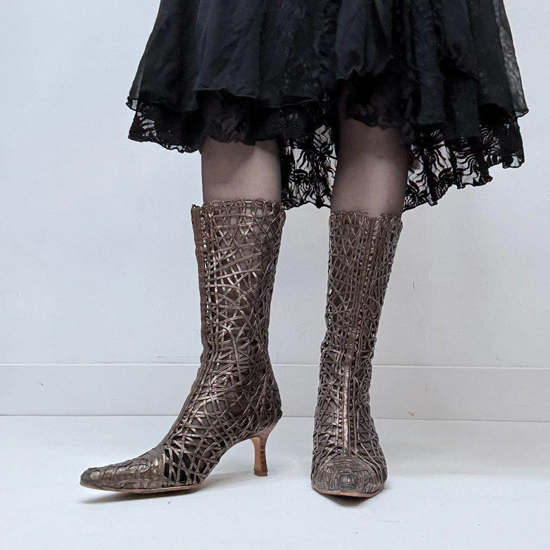 woven sheer lace leather heel boots