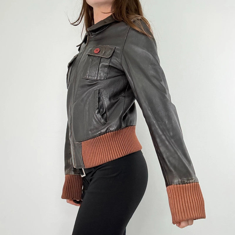 brown leather cinched ribbed waistband jacket