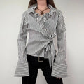 Asymmetric Pinstripe Wrap Ruffle Shirt