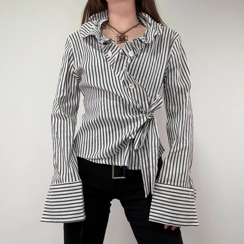 Asymmetric Pinstripe Wrap Ruffle Shirt