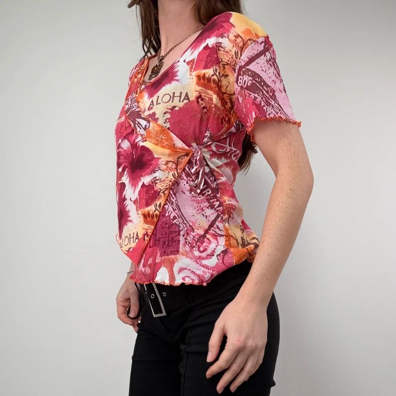 pink hawaiian floral graphic printed mesh top