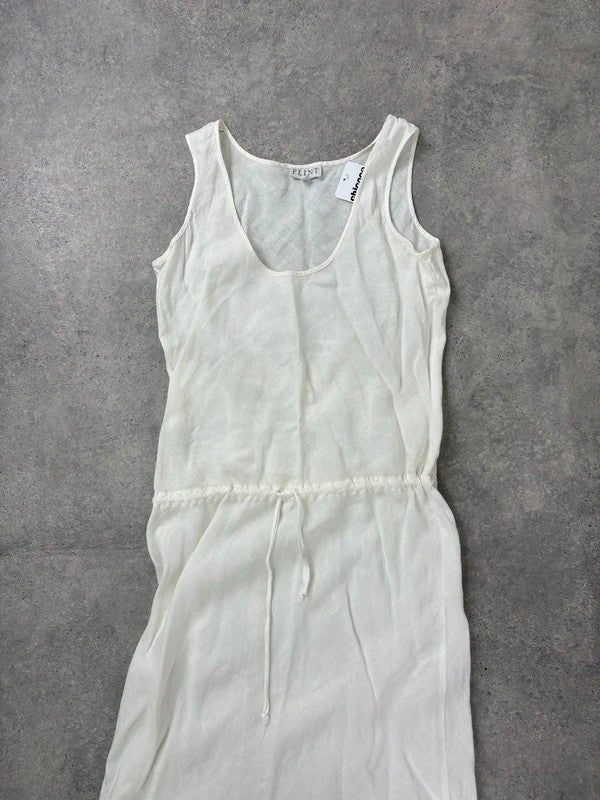 white linen bias cut drop waist maxi dress