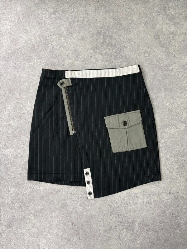 asymmetric deconstructed black pinstripe midi skirt