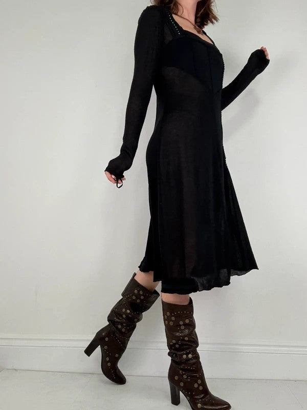 Black long sleeve french midi dress