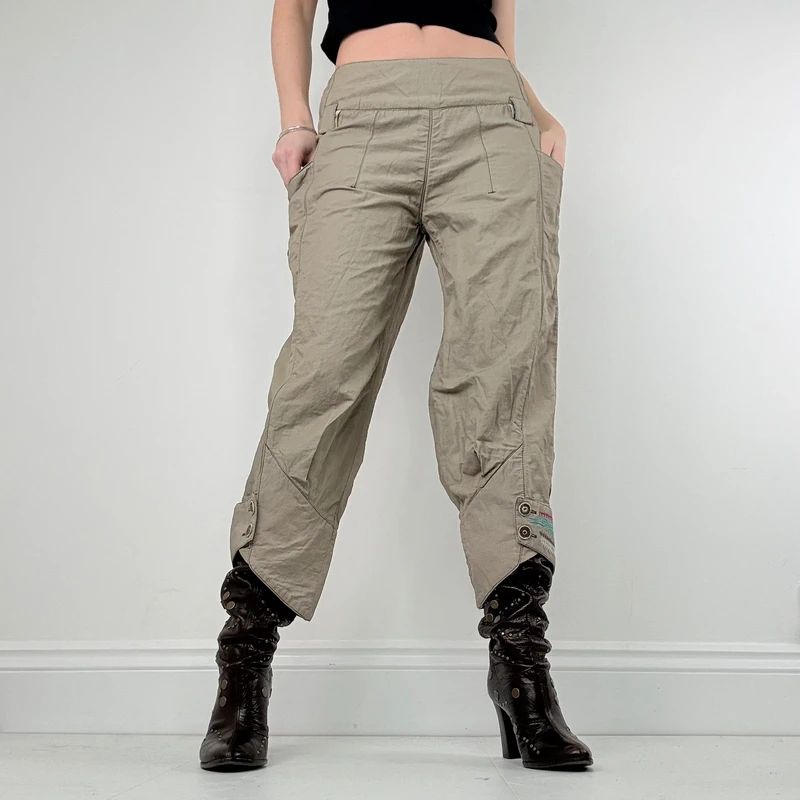 khaki low rise puff pleated trousers