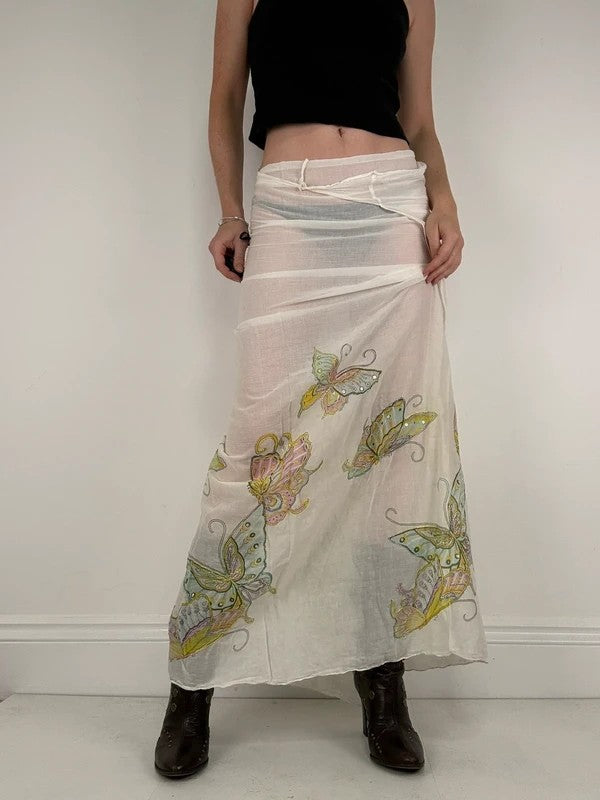 White cotton sheer butterfly summer maxi cover-up
