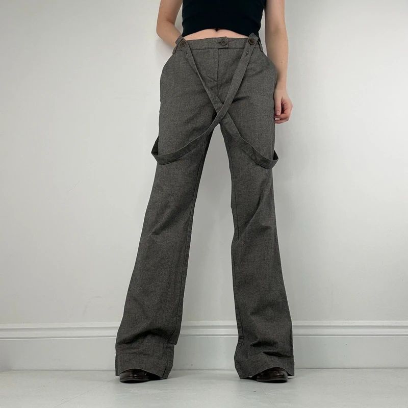 grey suspender flared suit trousers