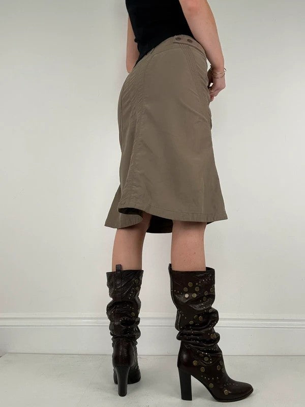 Khaki cotton cargo canvas a-line midi skirt
