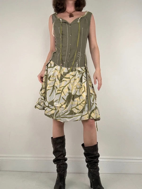Cargo khaki patterned toggle midi puff dress