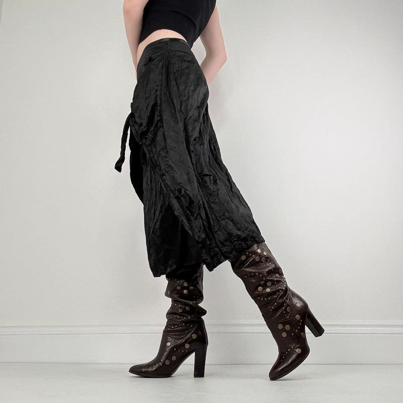 black crinkle satin tie up layered skirt