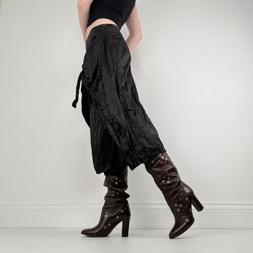 black crinkle satin tie up layered skirt