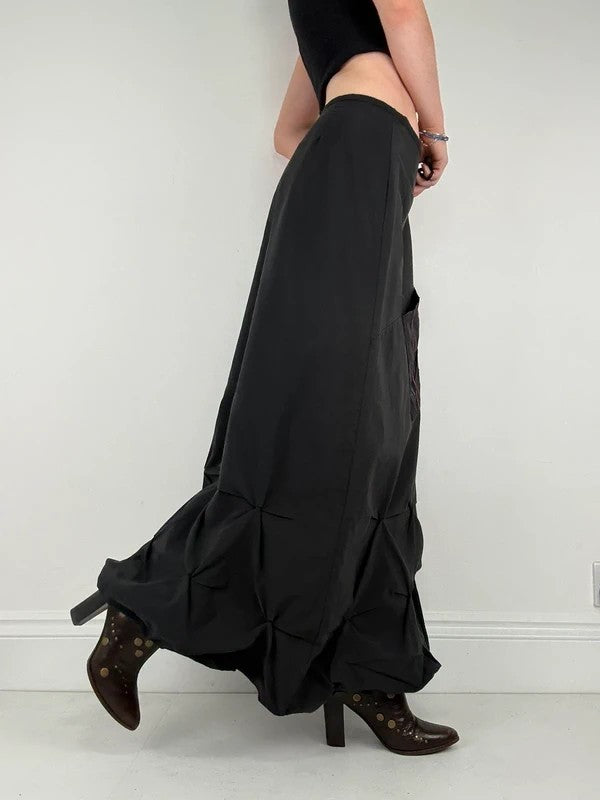 Black pleated puff maxi cargo skirt