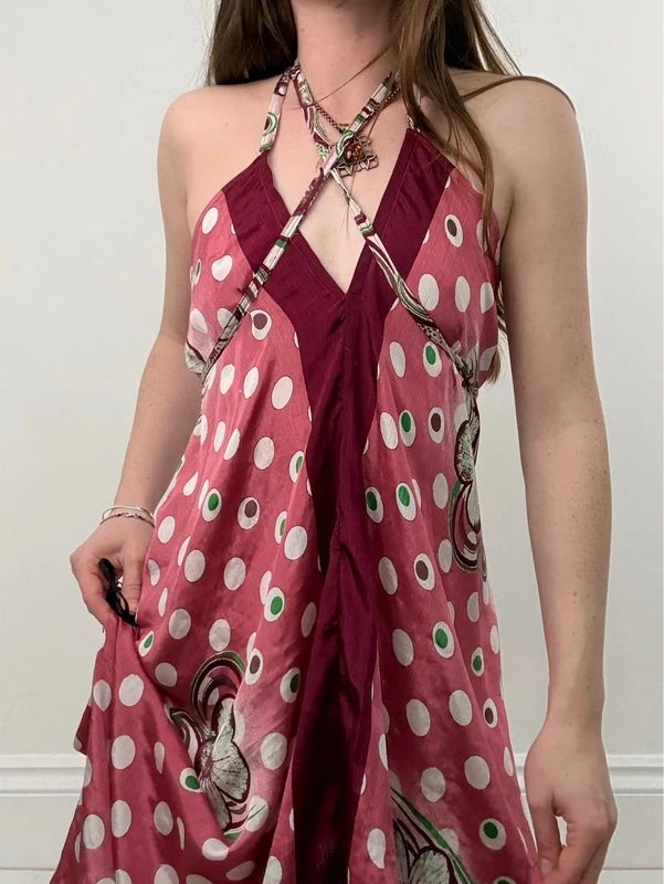 pink polkadot handkerchief maxi dress