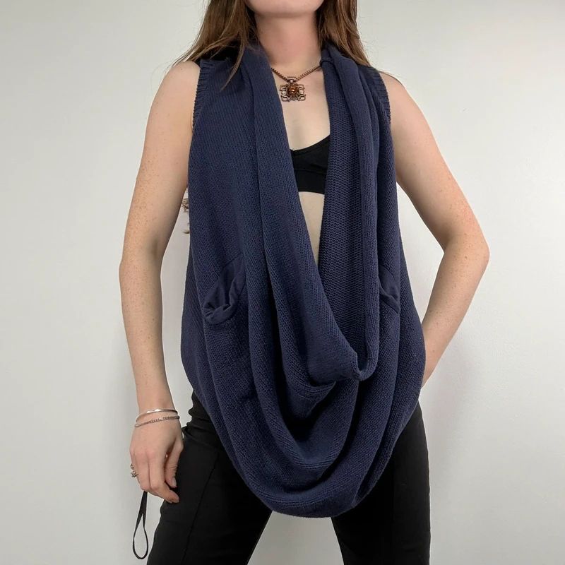 Navy knitted slouchy draped neck vest sweater