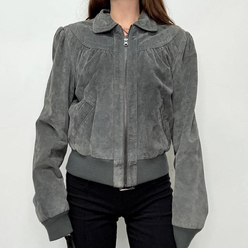 grey suede cropped puff bomber jacket