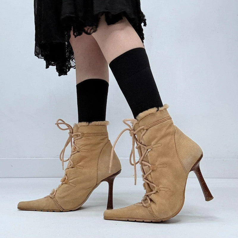 tan leather pointed suede heels