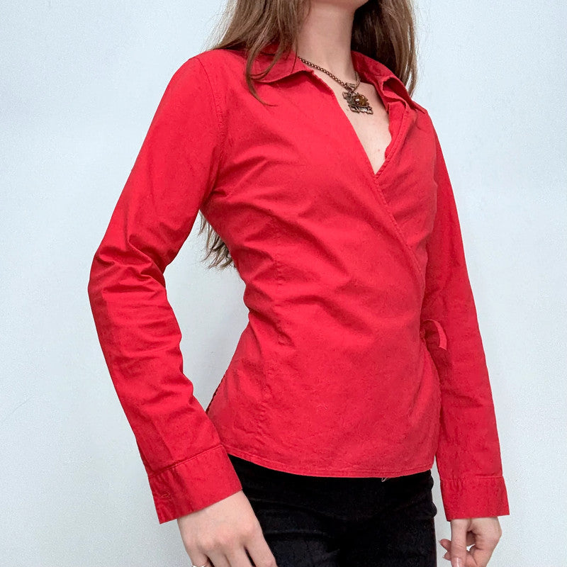 red fitted wrap shirt