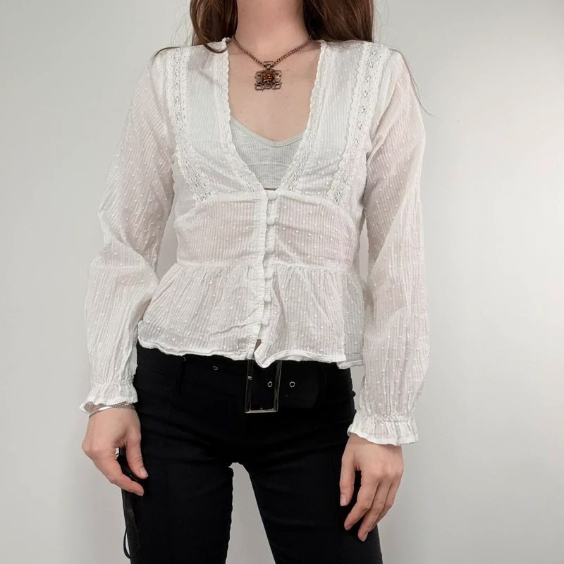 white cotton flared embroidered lace blouse