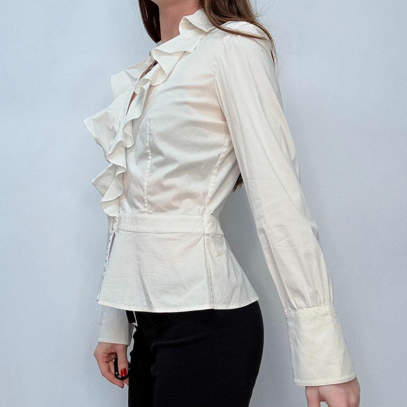 white ruffle fitted shirt