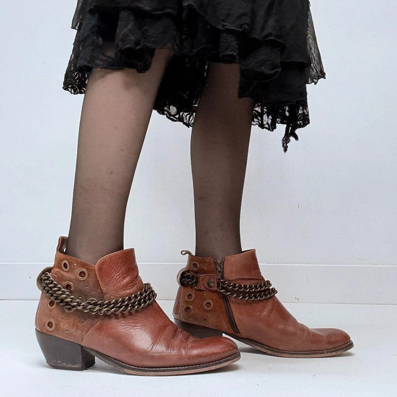 brown leather studded buckle boots