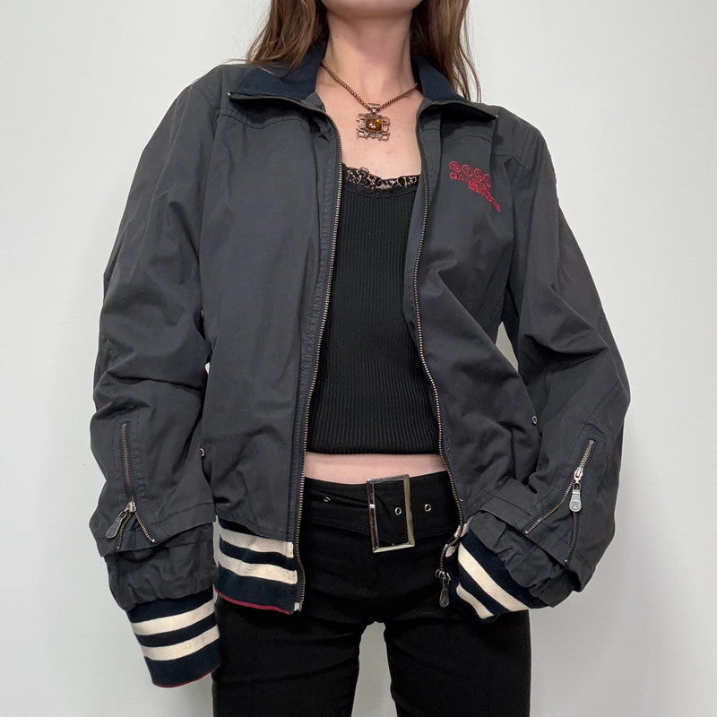 navy bomber jacket, thick striped waistband