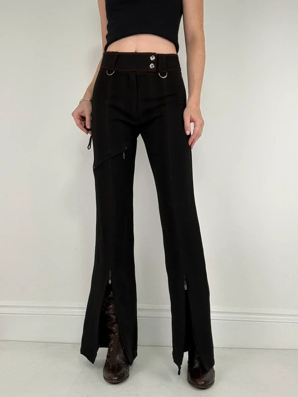 black pinstripe flared gothic d-ring utility trousers