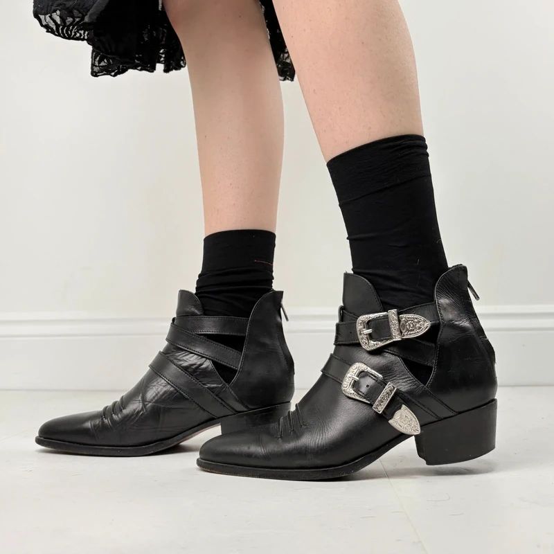 The Kooples black leather buckle western boho boots