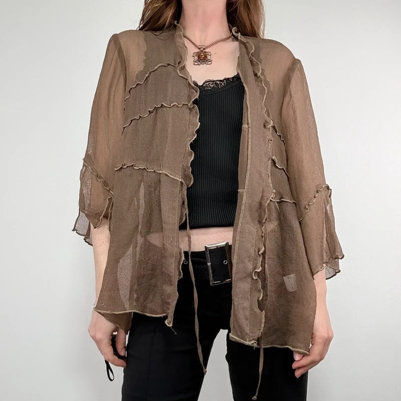brown ruffle mesh slouchy flare shirt