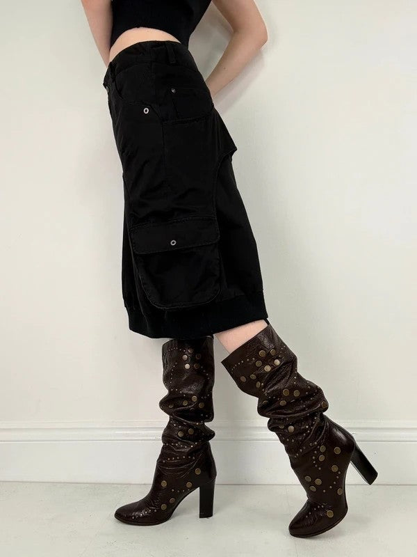 black layered utility midi skirt