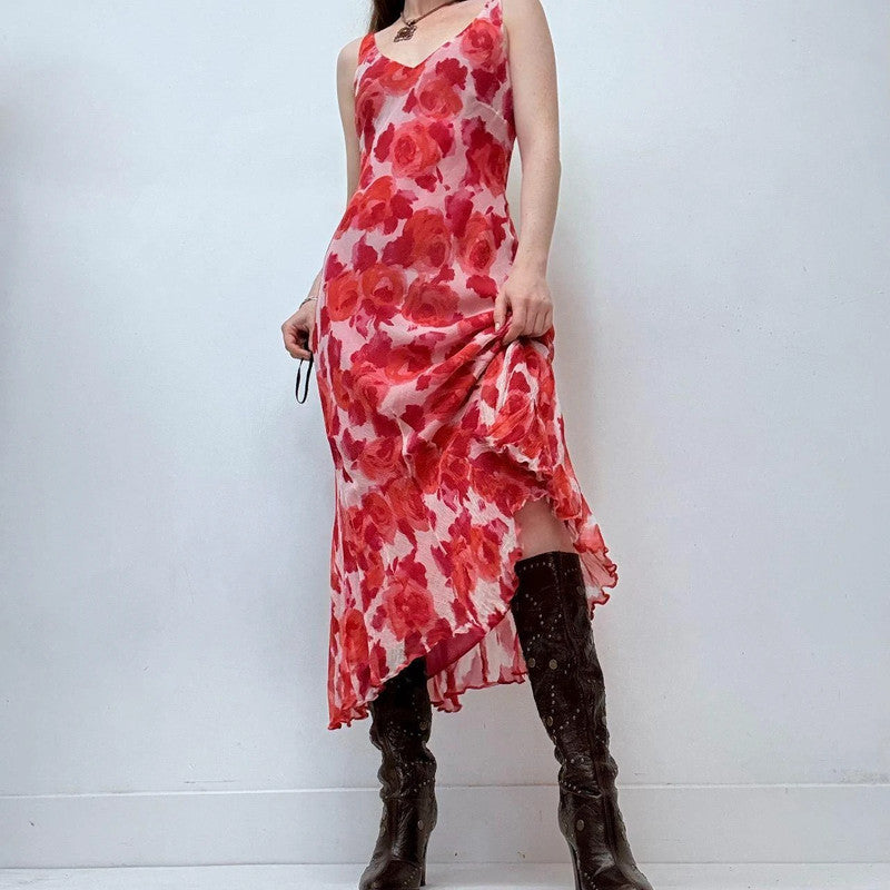 red floral rose silk bias cut maxi dress