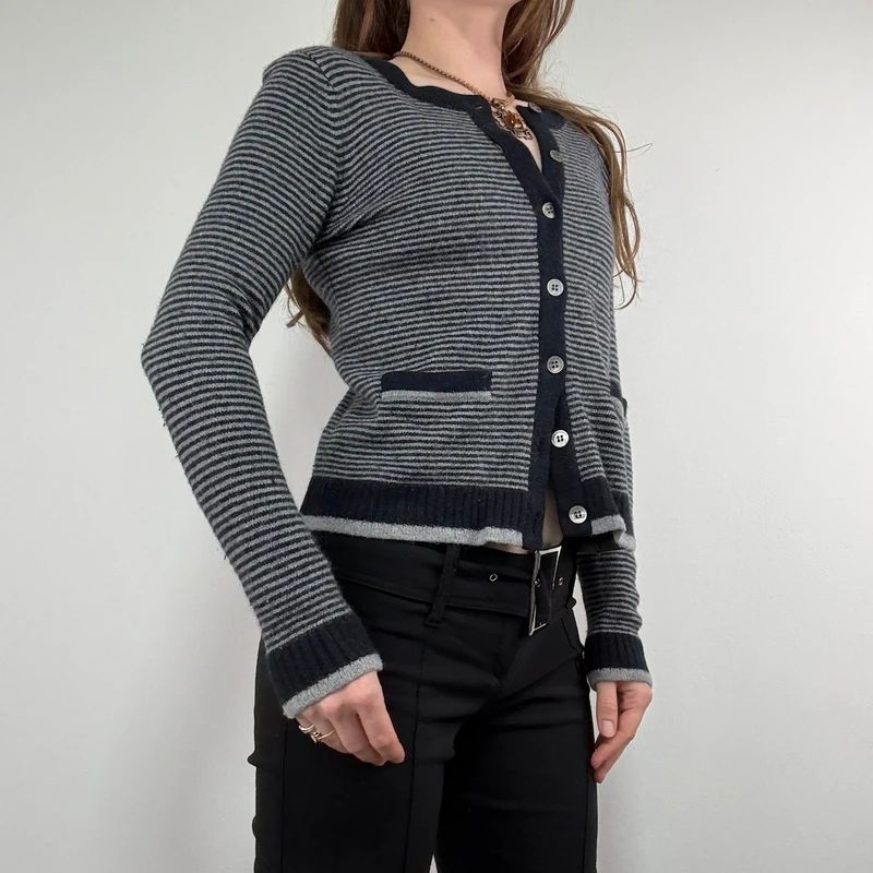 navy pinstripe button up cardigan crewneck