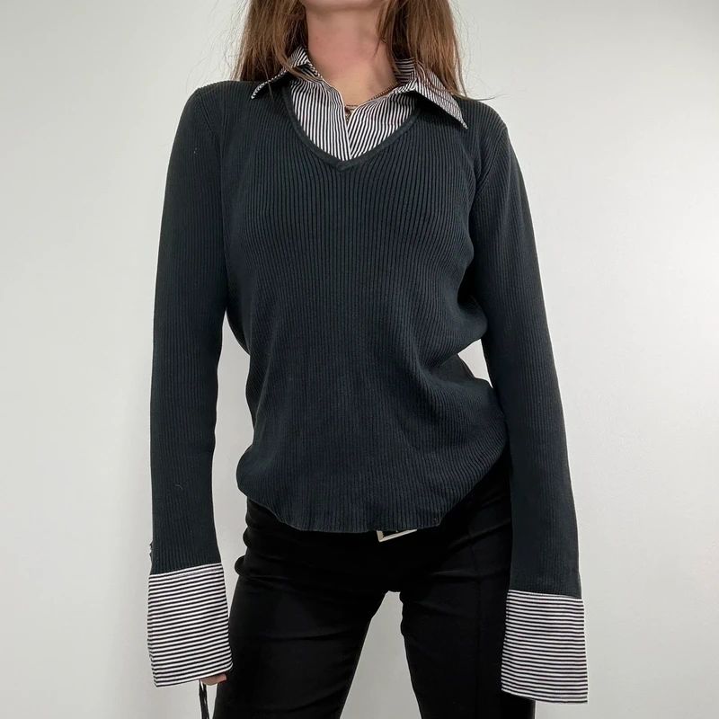 black ribbed knit layered shirt jumper