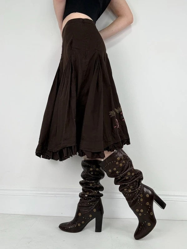 Brown cotton pleated flare boho floral skirt