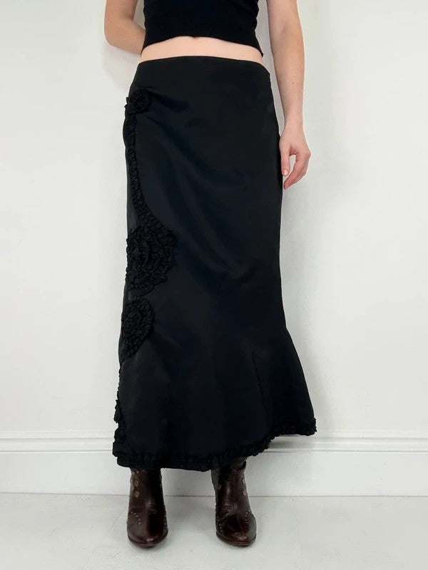 asymmetric black pleated gathered ribbon maxi skirt