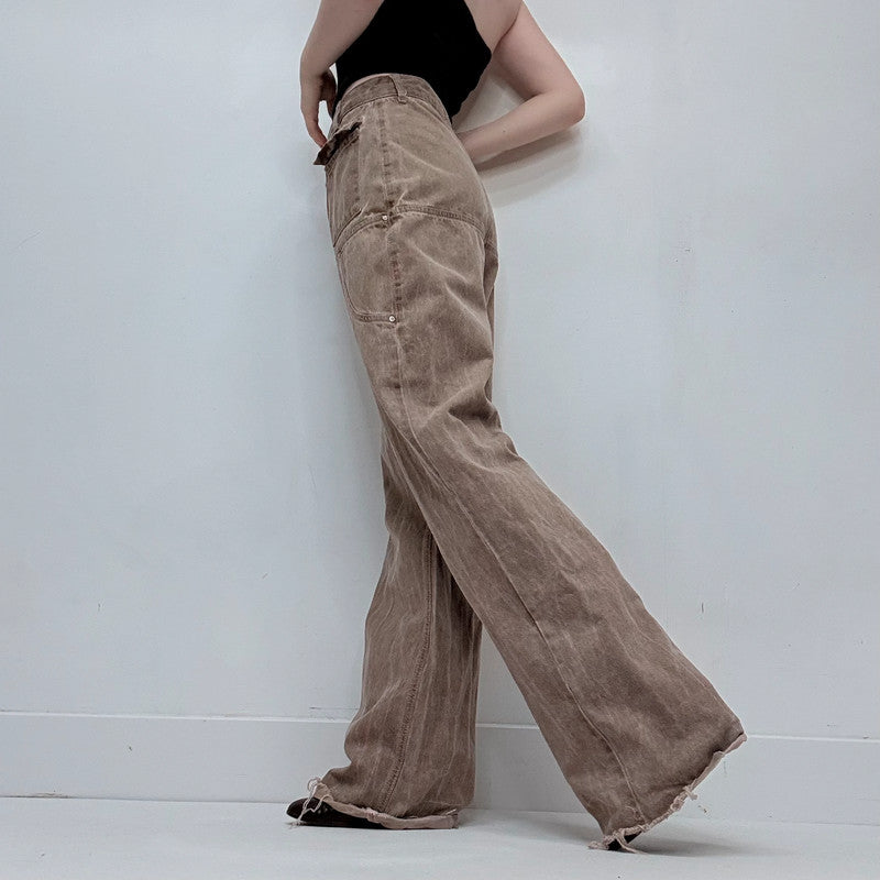 drop waist brown denim utility belted jeans