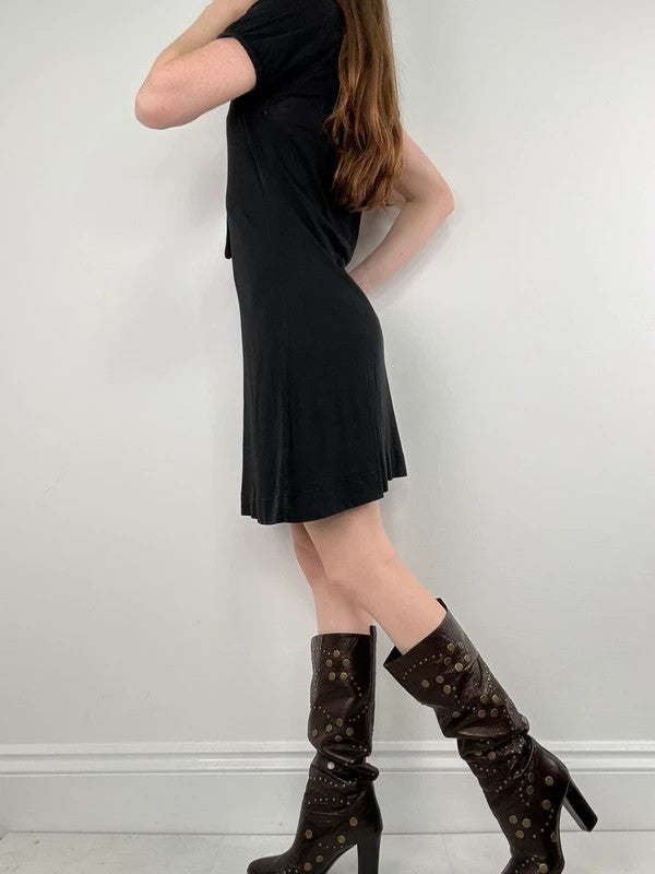 slouchy black bow neck mini dress