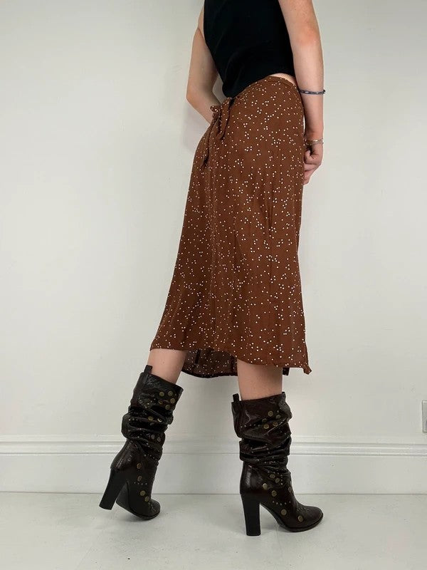 Brown polkadot button Rouje midi skirt