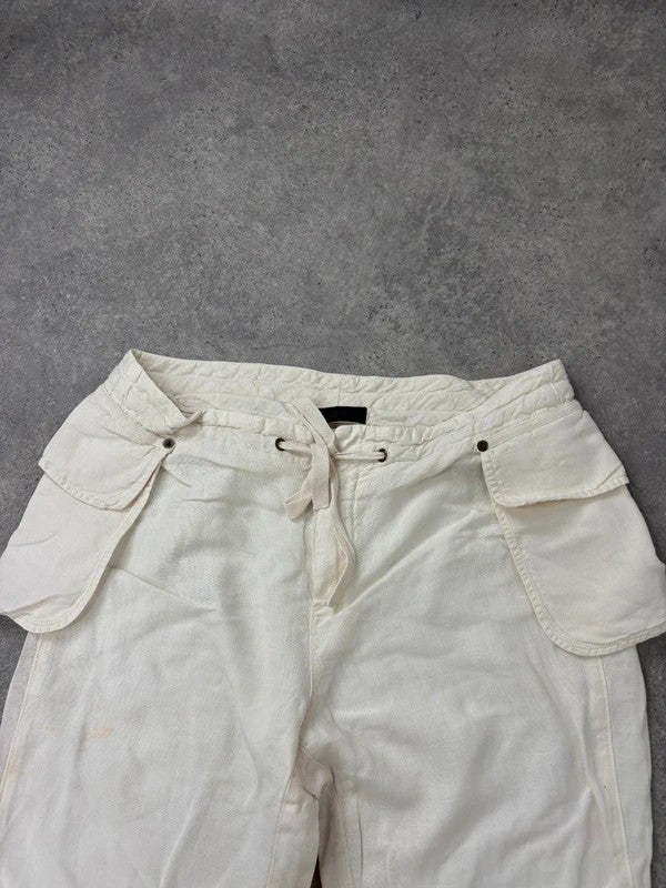 white linen flared utility button trousers