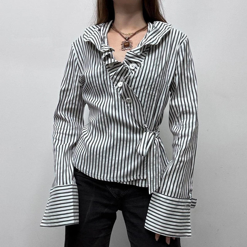 white pinstripe wrap ruffle shirt