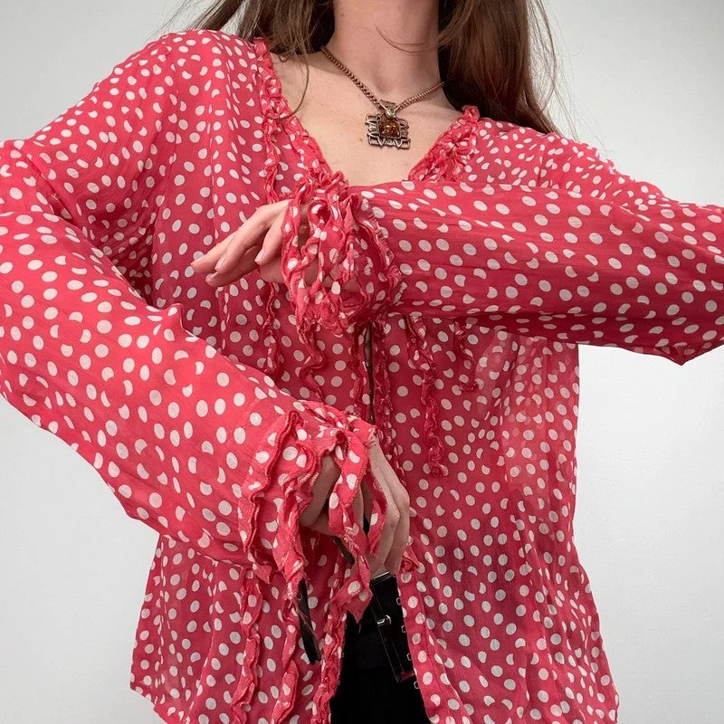 Red polka dot flutter fray blouse with hook and eyes